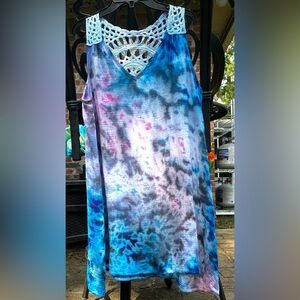 Tie Dye Dress size m hand dyed “summer lightening” vacation dress muslin cotton